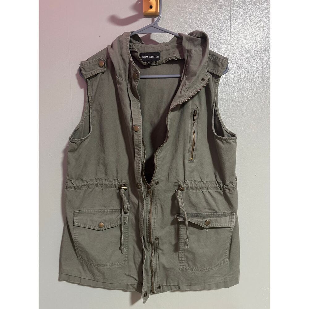 Zenana Outfitters Olive Utility Vest Women’s Large Hooded Cargo Drawstring Waist